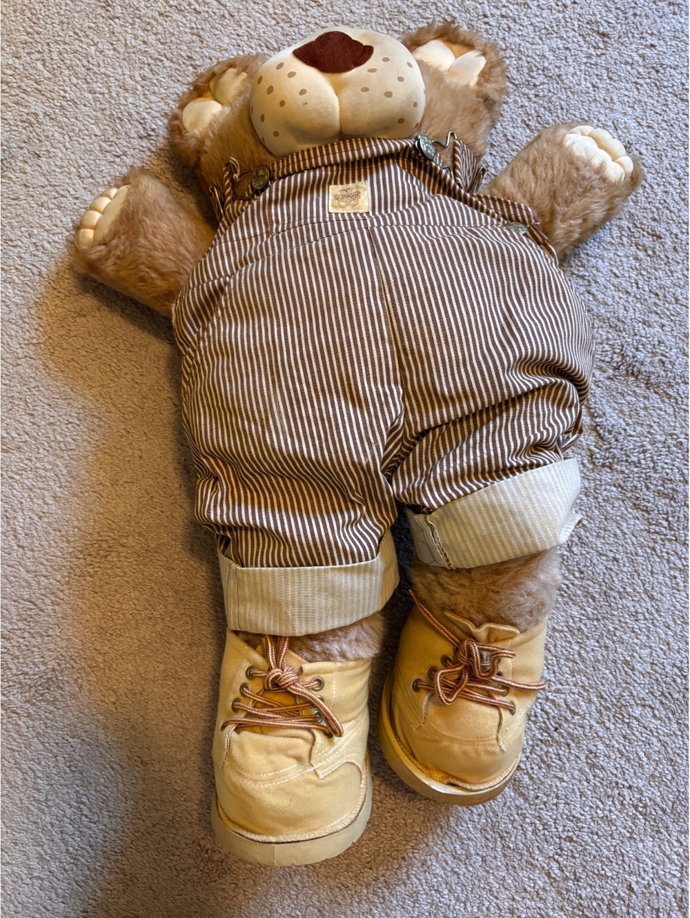 Vintage Furskins Teddy Bear Plush 1980s Brown Striped Overalls Xavier Roberts